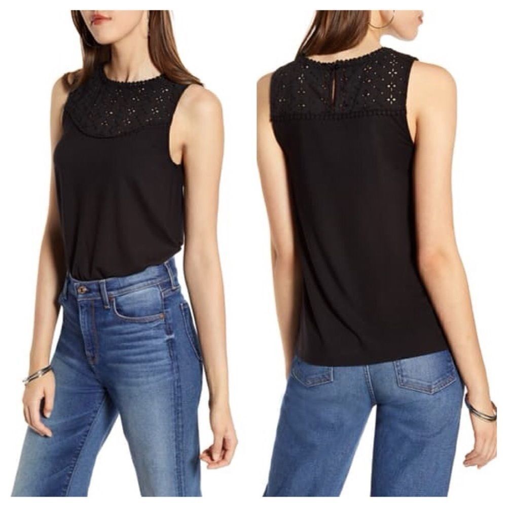 Halogen Eyelet Yoke Black Tank Top Size Small